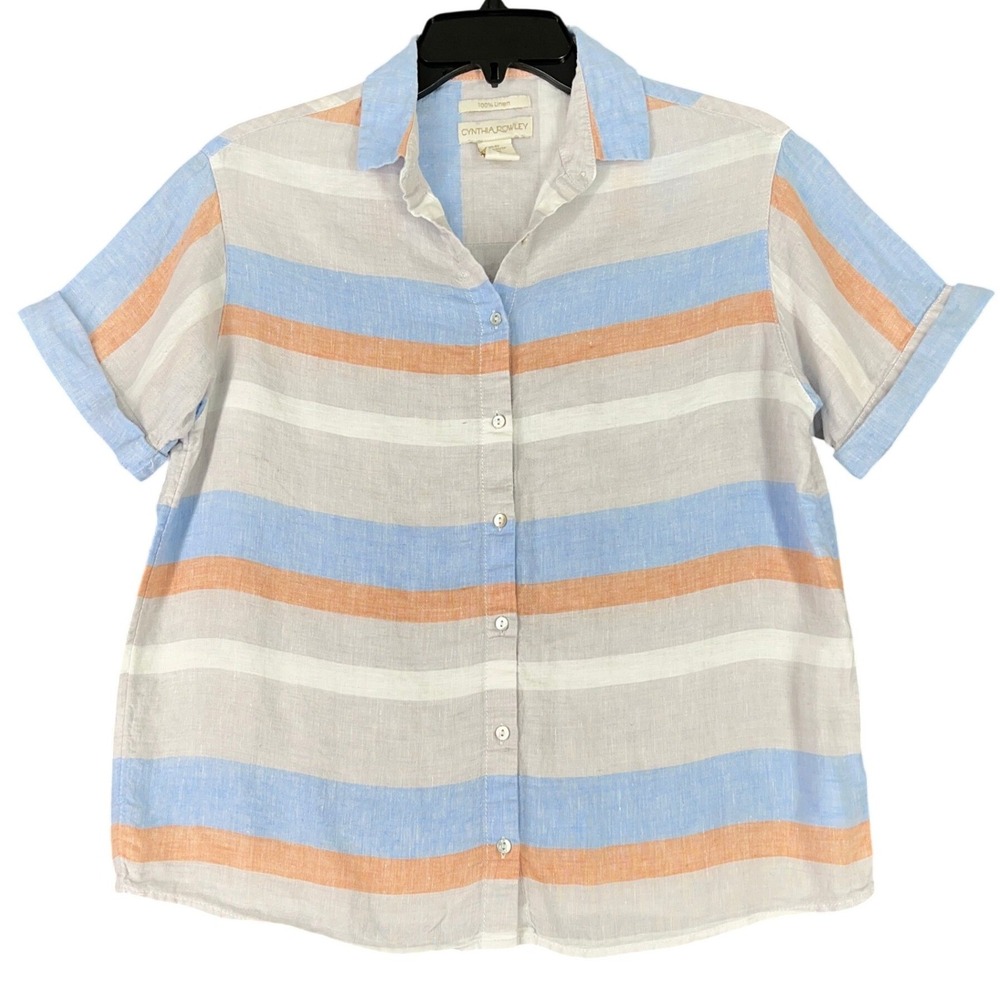Cynthia Rowley Striped Linen Button Down Shirts Short Sleeve XS Womens